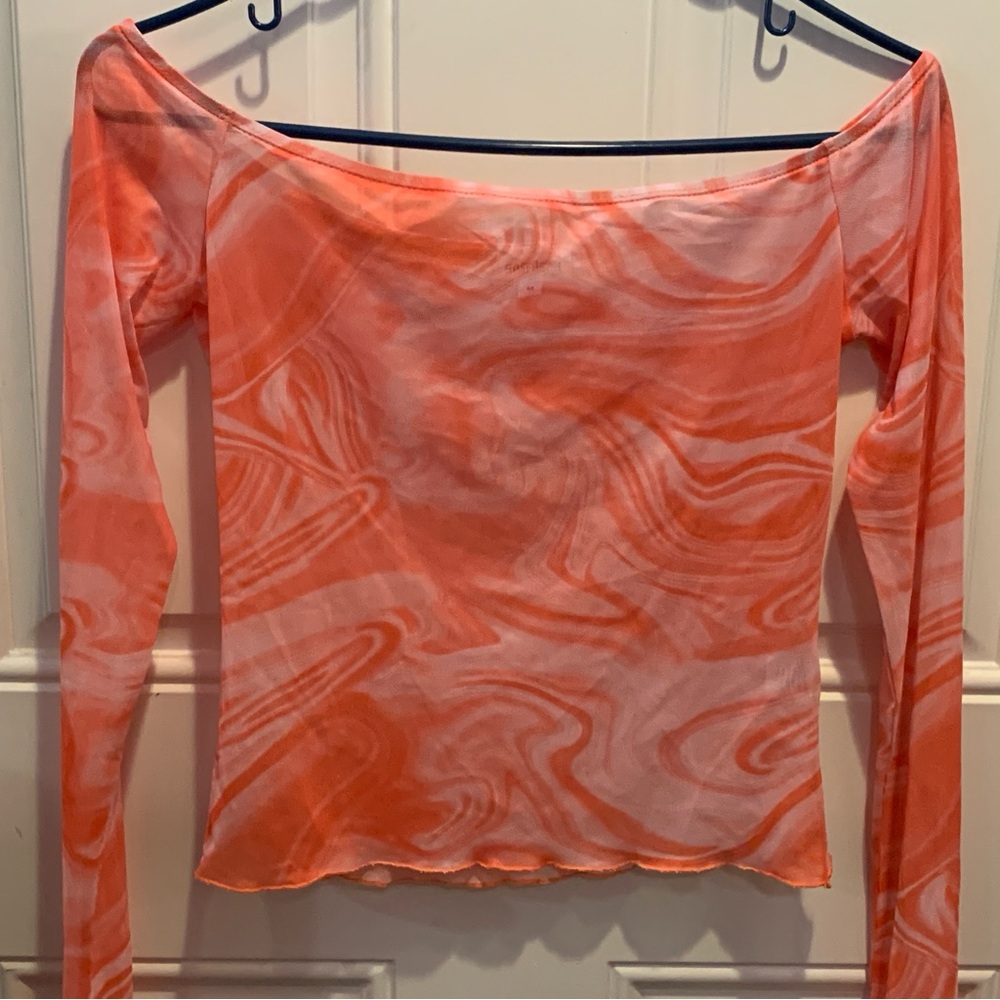 Superdown Revolve Emmie Off Shoulder Top Orange Pink Marble Swirl Semi-Sheer $58 - Picture 7 of 11